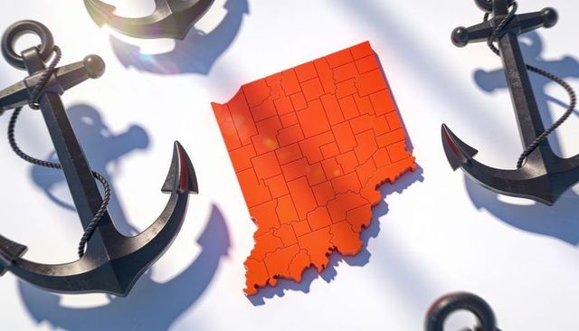 Displaying raised glossy red indiana map with county lines and nautical anchors