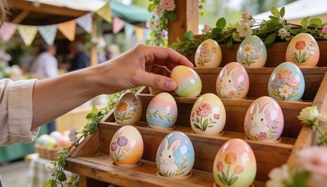 Picking Pastel Easter Eggs with Floral Bunny Designs on Wooden Market Stall