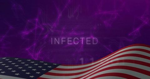 Waving american flag over purple cyber network displaying infected warning