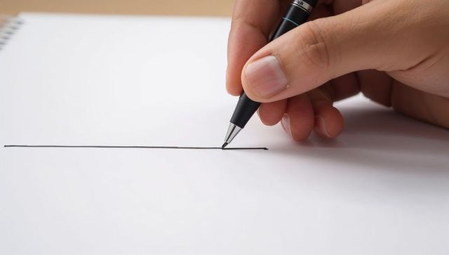 Right hand drawing thin black line with pen on white paper notebook closeup for drafting