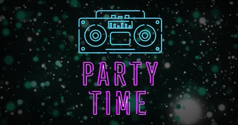 Party Time Neon Text with Retro Boombox on Sparkle Background