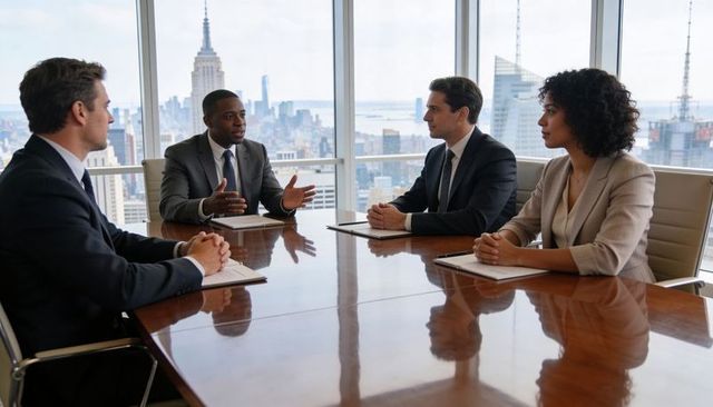 Executive team discussing strategy at high-rise conference table with skyline view