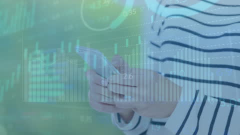 Woman Using Smartphone Overlaid with Financial Data Visualization