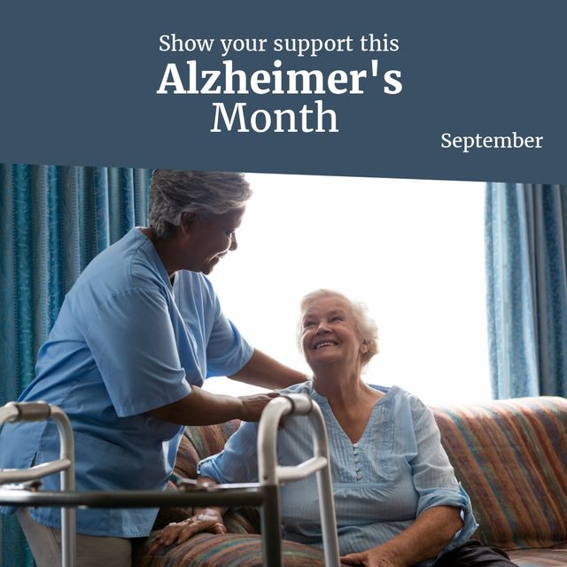 Multiracial doctor talking with senior patient and show your support his alzheimer's month text. Composite, september, hospital, disease, healthcare, mental health, awareness and campaign concept.