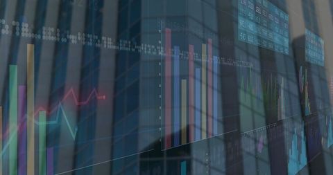 Modern Financial Data Visualization Overlaying Glass Facade