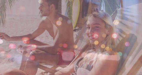 Smiling Couple Enjoying Tropical Beach Timeout Under Palm Trees