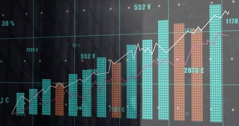 Futuristic financial chart on glass display showing growth trends