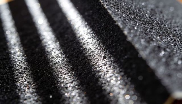 Macro black grit ridges with sparkling specular highlights and soft bokeh texture