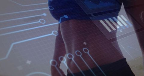 Female athlete wearing chest strap sensor with digital health data overlay