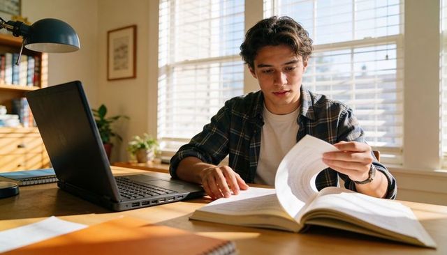 College student studying at home desk with laptop and textbook in sunlit room