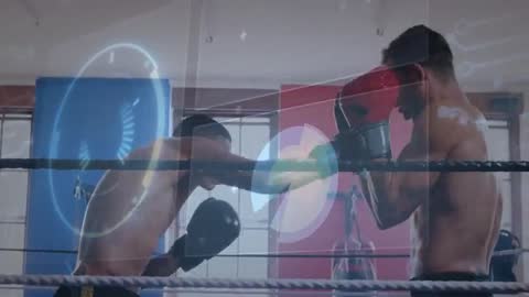 Boxers Training with Futuristic Fitness HUD in Gym