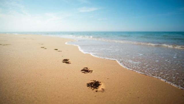 Single-file footprints leading toward horizon on sandy beach with waves and blue ocean