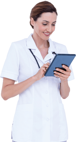 Smiling Female Doctor Using Tablet with Transparent Background