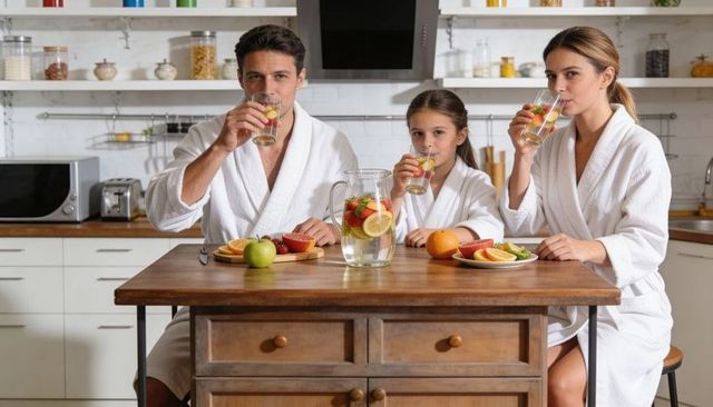 Healthy family drinking infused water in white bathrobes at wooden kitchen island
