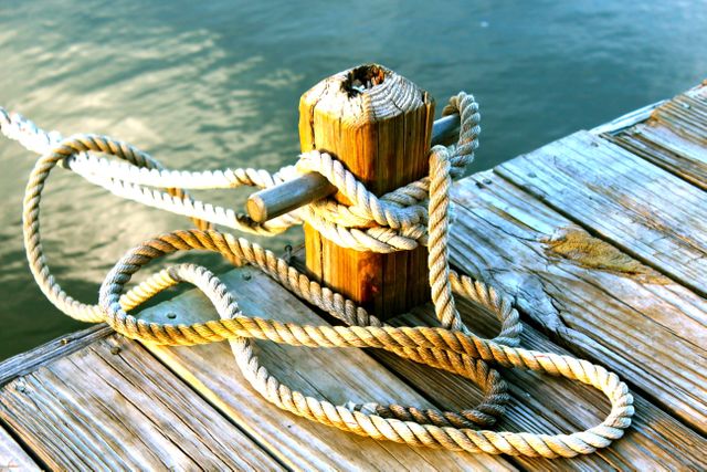 Close-up of rope tied to a wooden post on a dock by calm water, creating a nautical and maritime theme. Useful for articles about boating, marine activities, dock maintenance, and nautical-themed decor.