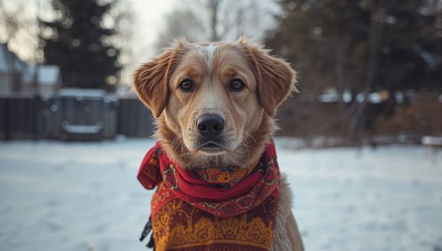 Dog in red scarf outdoors in snowy winter backyard
