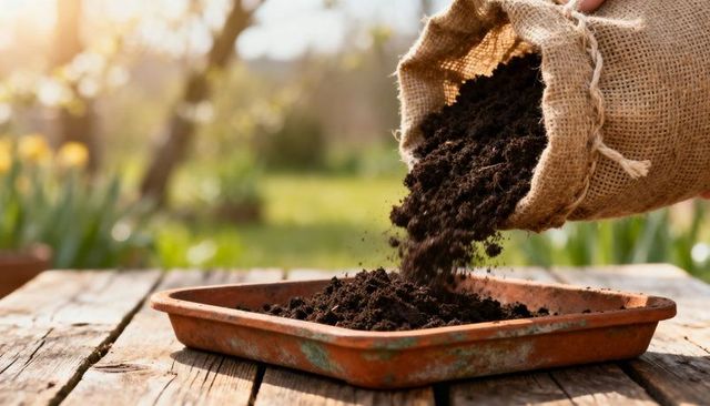 Pouring rich potting soil into terracotta seed tray on rustic wooden table