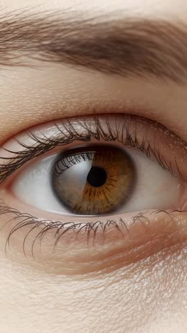 Vertical macro revealing hazel iris and pupil with upward camera motion for beauty and medical use