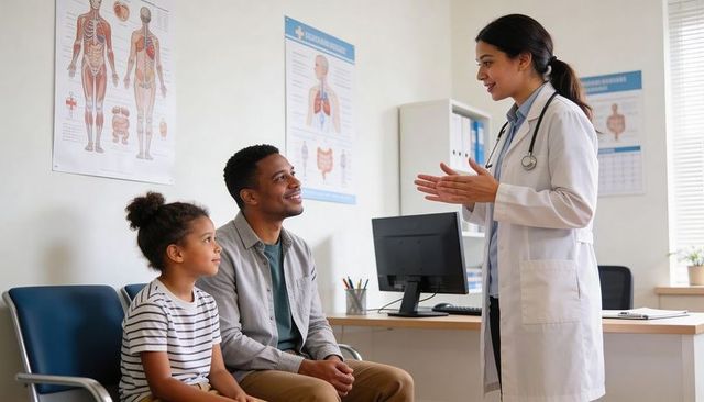 Female Doctor Explaining Child Health to Father and Daughter in Modern Clinic Consultation