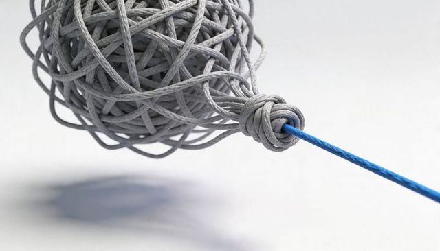 Tangled grey braided rope ball with taut blue cable pulling through knotted connector