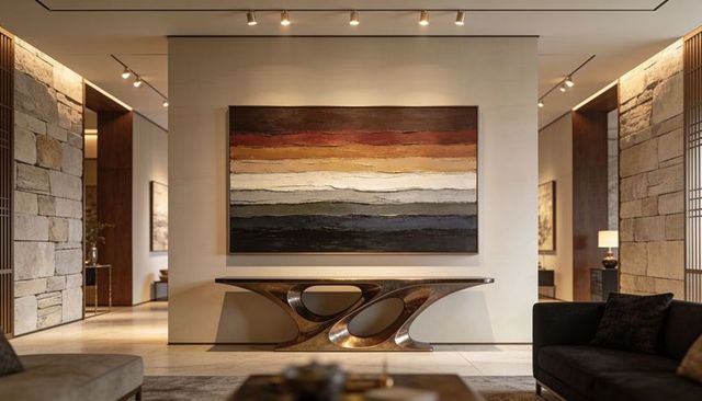 Contemporary foyer featuring textured abstract art above sculptural bronze console