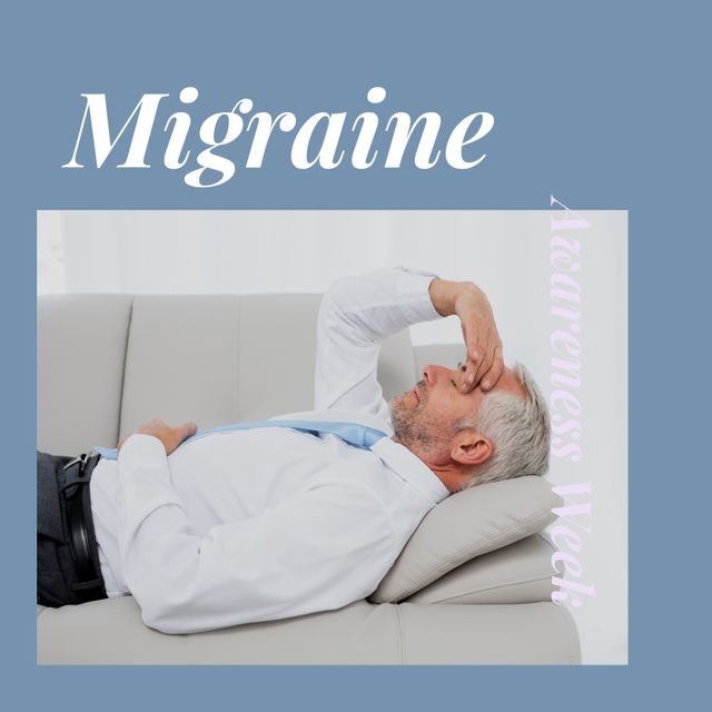 Image of migraine awareness week and caucasian senior businessman lying on sofa with headache. Business, health and migraine awareness concept.