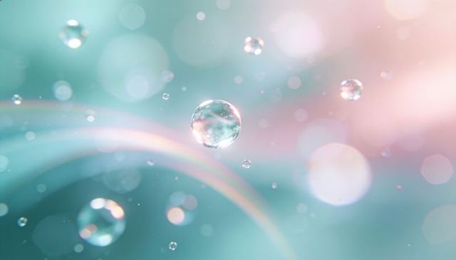 Iridescent water droplets floating over pastel aqua pink bokeh with rainbow refractions