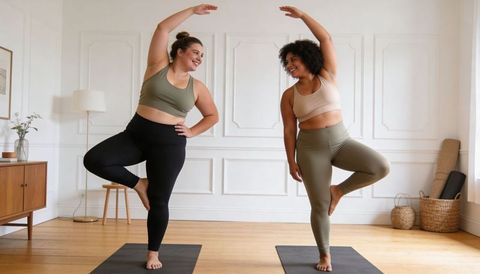 Two women practicing partner yoga at home embracing body positivity and mindful wellness