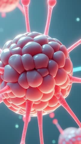 Rotating pink nanoparticle revealing faceted surface while drifting through teal backdrop