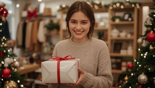 Smiling woman holding wrapped gift in festive boutique with decorated christmas trees