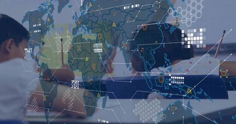 Teachers Guiding Students with Digital World Map Overlay in Classroom