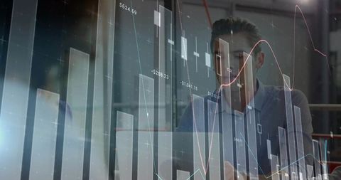 Financial Analyst Studying Live Candlestick Charts on Glass Panel, Data Visualization