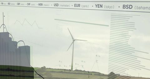 Wind turbine with data overlay showing renewable energy metrics, market charts, sustainability