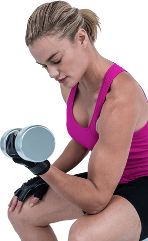 Transparent muscular woman lifting dumbbell in pink top