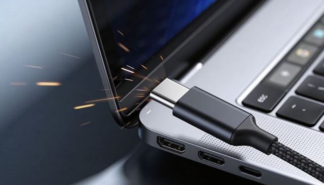 Sparking usb-c connector colliding with laptop hinge showing electrical arc hazard