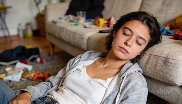 Young woman resting on sofa amid casual clutter, cozy relaxed living room afternoon vibe