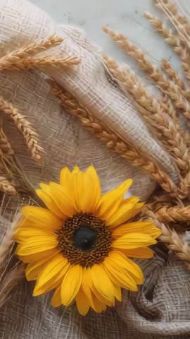 Vertical panning video revealing sunflower and wheat on burlap rustic harvest