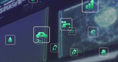 Green Tech Icons on Control Room Monitor with Digital Interface