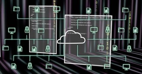 Neon cloud network diagram connecting code panels with glowing data nodes and cyber lines