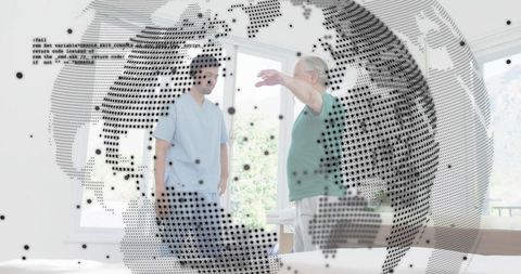 Caregiver assisting senior with arm mobility in bright bedroom, global digital overlay