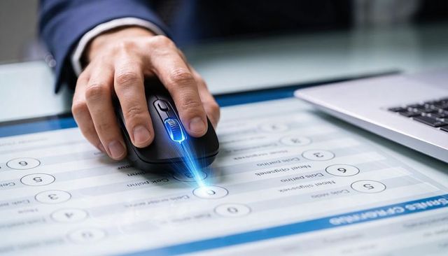 Executive clicking glowing wireless mouse selecting digital survey bubble on touchscreen