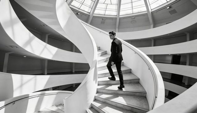 Businessman Ascending Spiral Staircase in Modern Circular Gallery with Skylight Shadows