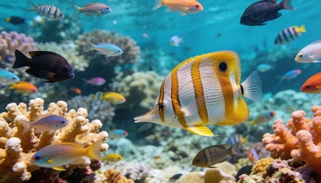 Vibrant copperband butterflyfish swimming through colorful coral reef with tropical reef fish