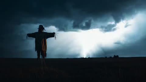 Lone Scarecrow Lit by Striking Lightning During Stormy Night