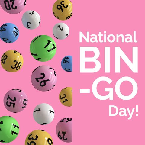 Colorful bingo balls and national bingo day text on pink