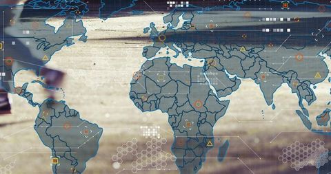 Displaying translucent global map hud over wooden deck with geospatial markers and hex grid analytic