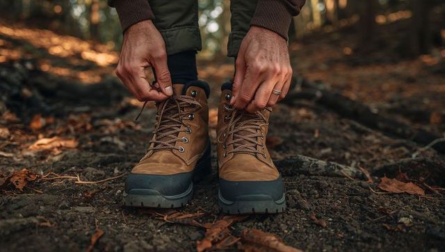 Tying hiking boots on woodland trail closeup, lacing tan leather boots for autumn adventure