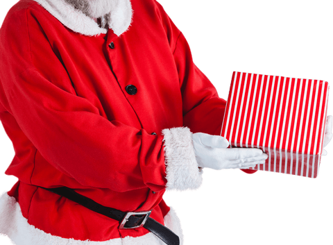 Transparent Santa Claus Holding Striped Gift Box in Red Suit