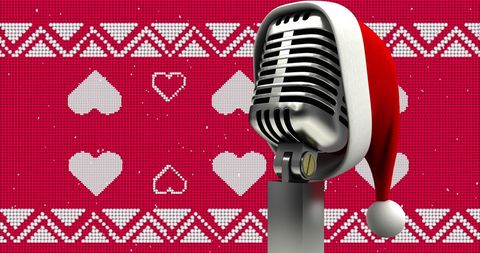 Vintage Microphone Wearing Santa Hat Over Red Heart Background - Download Free Stock Images Pikwizard.com