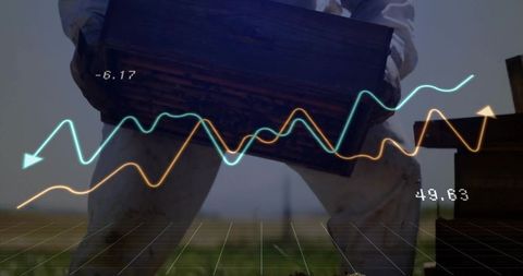 Beekeeper Carrying Hive Box with Overlaid Data Graphs Representing Apiary Analytics and Farm Tech